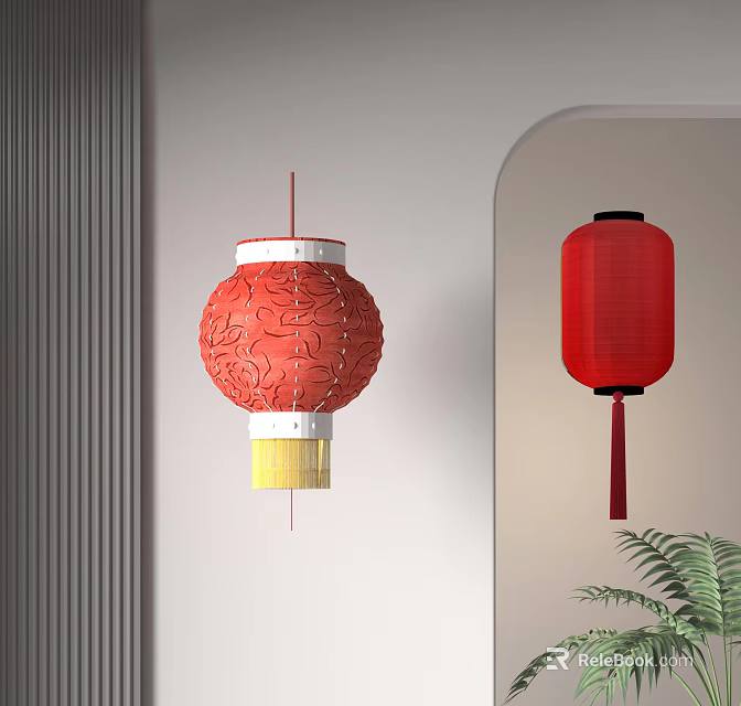 Two Red Lanterns With Carved Patterns And Hanging Tassel In Indoor Wall 3d model 