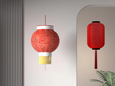 Two Red Lanterns With Carved Patterns And Hanging Tassel In Indoor Wall 3d model