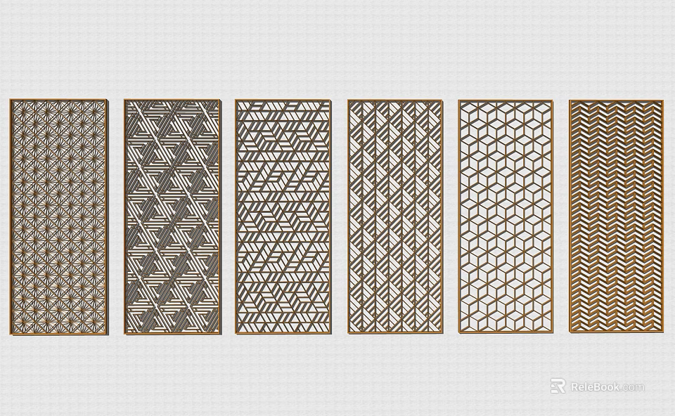 Modern Decorative Room Dividers With Various Geometric Patterns And Gold Frames 3d model