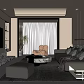 Modern Living Room Interior With Beige Sofa Marble TV Wall Area Rug And Floor-to-Ceiling Windows