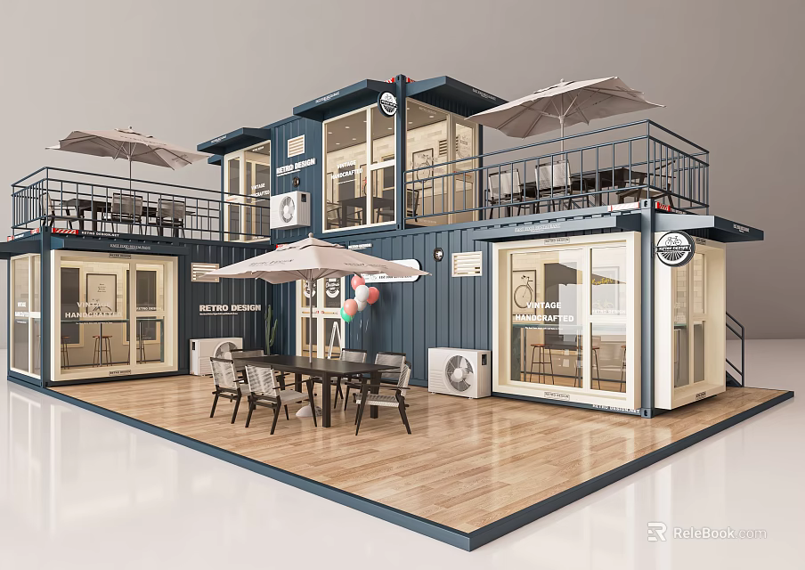 Modern Shipping Container Building With Outdoor Balcony Wooden Deck Dining Set And Umbrellas 3d model 