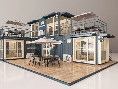 Modern Shipping Container Building With Outdoor Balcony Wooden Deck Dining Set And Umbrellas 3d model