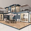 Modern Shipping Container Building With Outdoor Balcony Wooden Deck Dining Set And Umbrellas