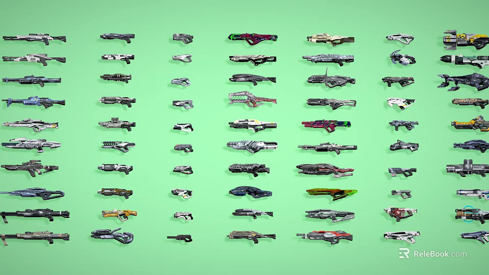 Various Designed Weapons with Different Styles Arranged Neatly on Green Background 3d model 