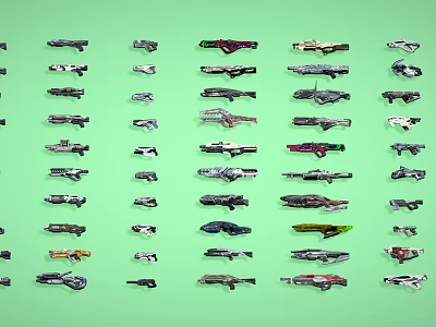 Various Designed Weapons with Different Styles Arranged Neatly on Green Background 3d model