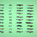 Various Designed Weapons with Different Styles Arranged Neatly on Green Background