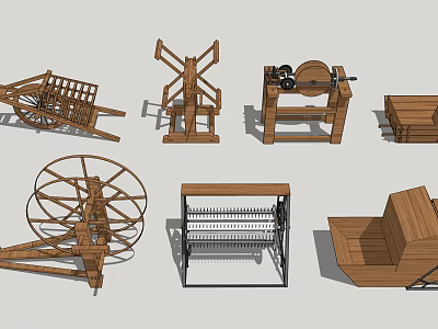 Traditional Industrial Equipment Featuring Wooden Wheelbarrow Windmill Reel Machine and Wooden Crate 3d model