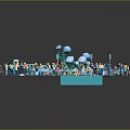 Group of Colorful Miniature People Standing Interacting with Tables and Umbrellas