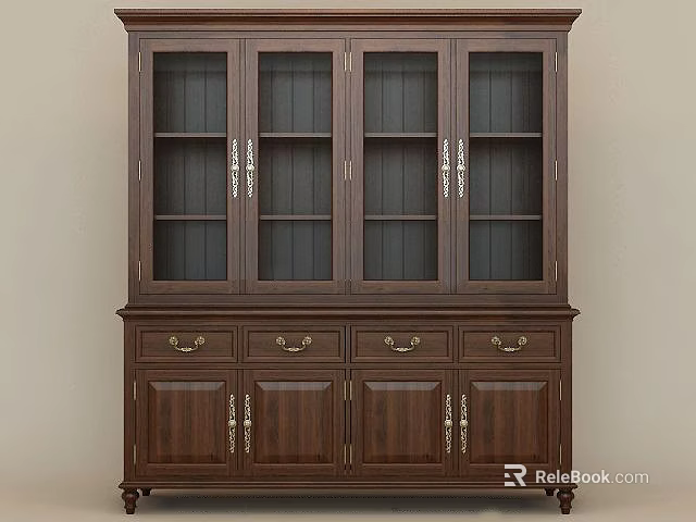 Traditional Dark Wood Wine Cabinet With Glass Doors And Storage Drawers 3d model 