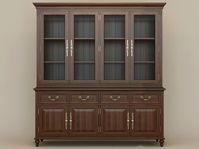 Traditional Dark Wood Wine Cabinet With Glass Doors And Storage Drawers 3d model