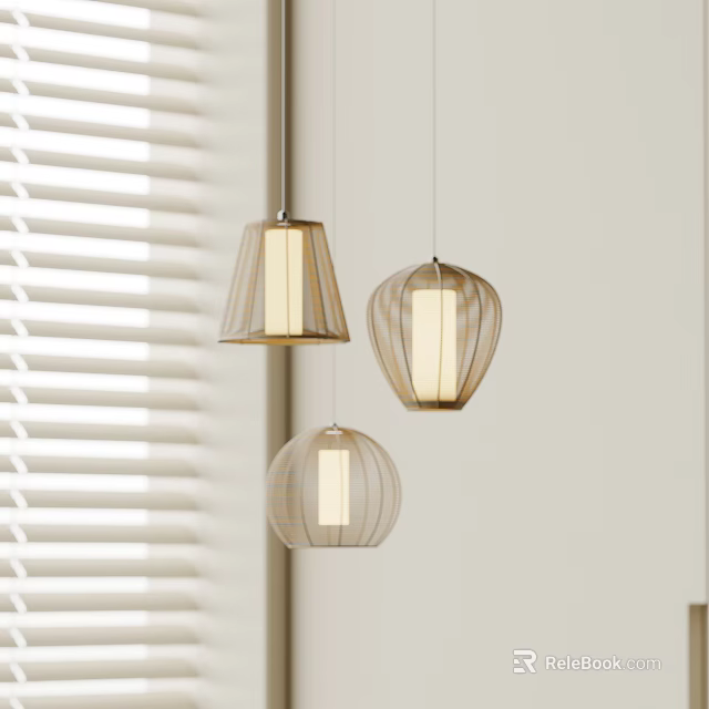 Three Modern Cage Design Pendant Lights In Interior With Window Blinds And Warm Glow 3d model 