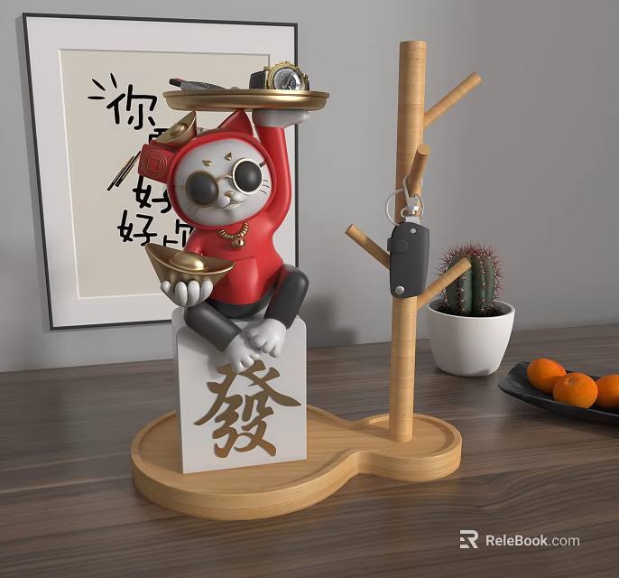 Red Cartoon Cat Sculpture with Sunglasses Holding Tray on White Fa Block Wooden Base 3d model 