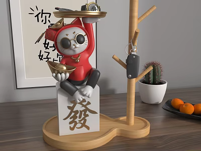 Red Cartoon Cat Sculpture with Sunglasses Holding Tray on White Fa Block Wooden Base 3d model