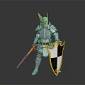 Man in Silver Armor with Golden Horned Helmet Holding Sword and Black and White Shield