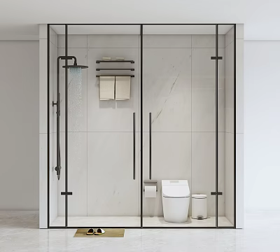 Stylish Black Shower Head in Modern Glass Enclosed Shower Room with White Tiled Walls 3d model