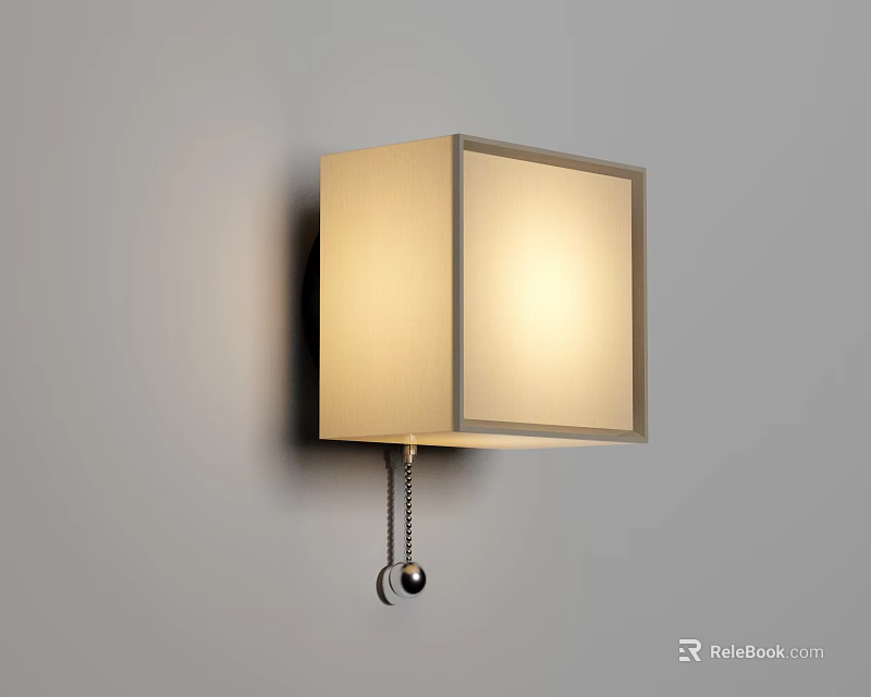 Square Wall Lamp With Light Colored Illuminated Lampshade And Pull Chain Switch On Gray Wall 3d model
