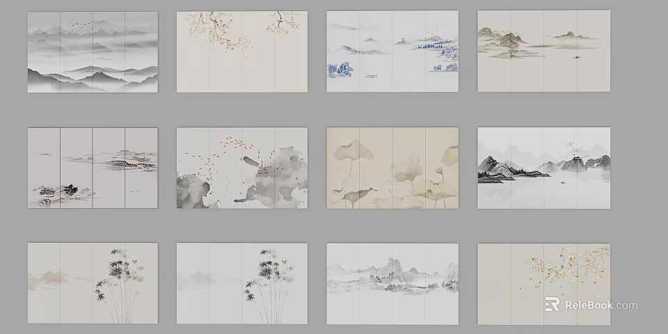 Traditional Chinese Ink Painting Background Wall Featuring Landscape Flower and Bird Designs 3d model 