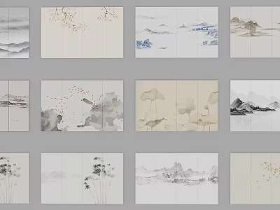 Traditional Chinese Ink Painting Background Wall Featuring Landscape Flower and Bird Designs 3d model