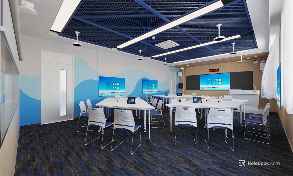 Modern Classroom Interior With Blue Ceiling White Tables Chairs And Screens 3d model 