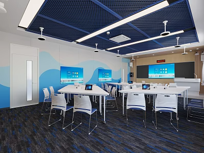 Modern Classroom Interior With Blue Ceiling White Tables Chairs And Screens 3d model