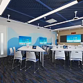 Modern Classroom Interior With Blue Ceiling White Tables Chairs And Screens