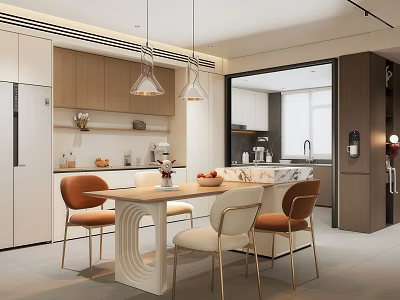 Modern Open Restaurant Interior With Dining Table Chairs Pendant Lights Marble Countertop And Cabinets 3d model