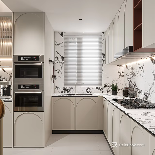 Modern Kitchen Interior With White Cabinets Marble Wall Countertop And Built In Ovens Blinds 3d model 