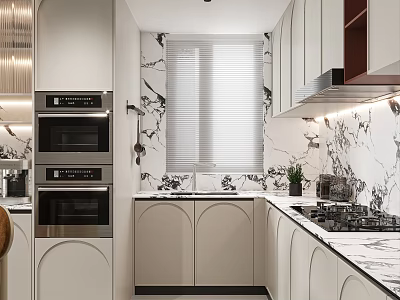 Modern Kitchen Interior With White Cabinets Marble Wall Countertop And Built In Ovens Blinds 3d model