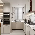 Modern Kitchen Interior With White Cabinets Marble Wall Countertop And Built In Ovens Blinds