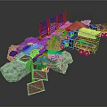 Modern Military Tactical Scene With Rocky Terrain Wooden Planks Trucks And Sand Mounds