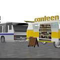 Functional Food Truck With Yellow Exterior Open Compartment Drinks Display And Tables Chairs