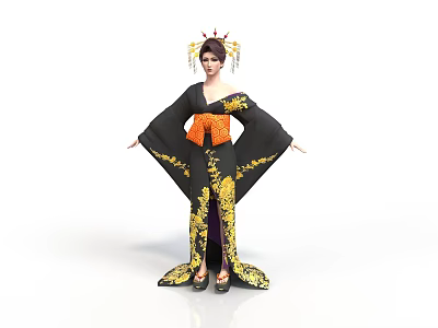 Woman Dressed In Traditional Black Kimono With Yellow Floral Patterns And Orange Obi 3d model