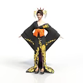 Woman Dressed In Traditional Black Kimono With Yellow Floral Patterns And Orange Obi
