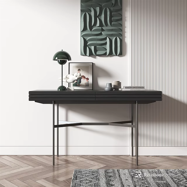 Black Console Table with Green Lamp Artwork Decor on Vertical Striped Wall and Wooden Floor 3d model 