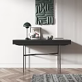 Black Console Table with Green Lamp Artwork Decor on Vertical Striped Wall and Wooden Floor