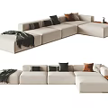 Beige Sectional Sofa With Decorative Cushions Throw Blanket And Side Table 3d model