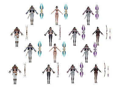 Multiple Game And Movie Characters With Different Outfits And Arrow Weapons 3d model