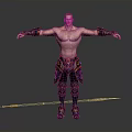 Shirtless Muscular Man With Arms Outstretched In Ornate Pants And Boots Holding Spear