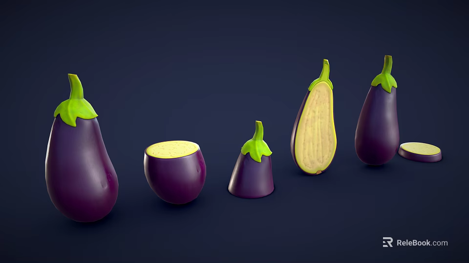 Purple Eggplants Whole And Sliced In Various Sizes On Dark Background 3d model 