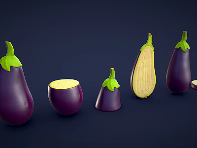 Purple Eggplants Whole And Sliced In Various Sizes On Dark Background 3d model