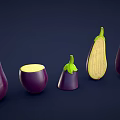 Purple Eggplants Whole And Sliced In Various Sizes On Dark Background