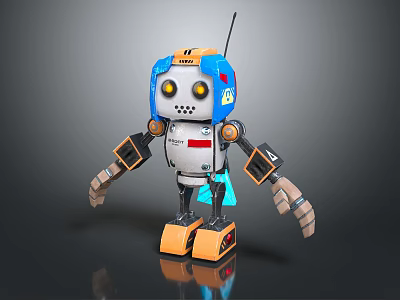 Mechanical Robot Character Design With Blue White Head Yellow Eyes Antenna And Orange Feet 3d model