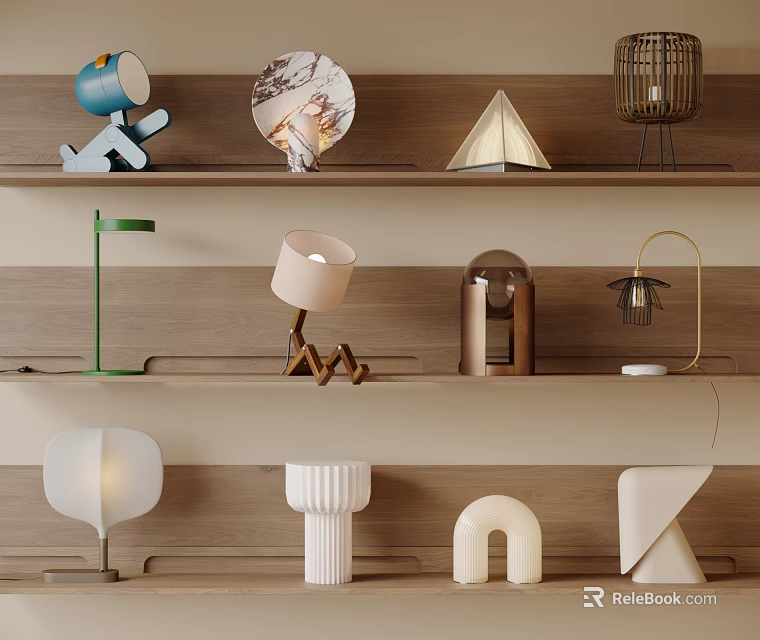 Stylish Table Lamps On Wooden Shelves With Various Shapes Colors And Creative Designs 3d model 
