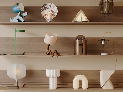 Stylish Table Lamps On Wooden Shelves With Various Shapes Colors And Creative Designs 3d model