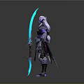 Fantasy Character Design With White Long Hair Purple Blue Ornamental Attire And Long Weapon