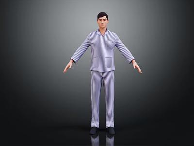 Man in Blue and White Striped Pajamas with Arms Outstretched Against Dark Background 3d model