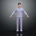 Man in Blue and White Striped Pajamas with Arms Outstretched Against Dark Background