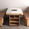 Public Bench With Light Brown Cushions And Wooden Frame In Simple Natural Style