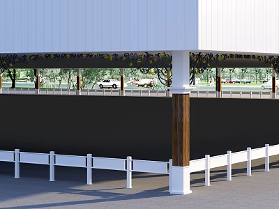 Traditional Public Facility Featuring White Roof Decorative Carvings Wooden Pillars And White Fences 3d model