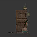 Architectural Outdoor Space Featuring Wooden Door Stone Paving Clay Pots Hanging Flower Plants And Wooden Box